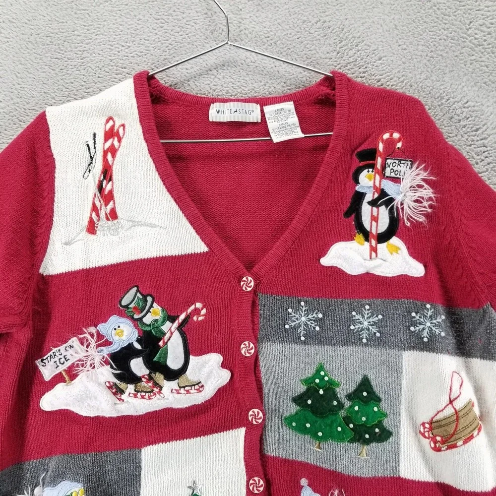 White Stag Sweater Womens‎ XL Red Penguin Christmas Cardigan Holiday Storybook